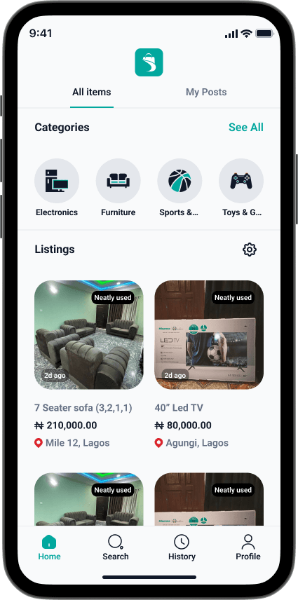 Declut app showing browsable listings by category